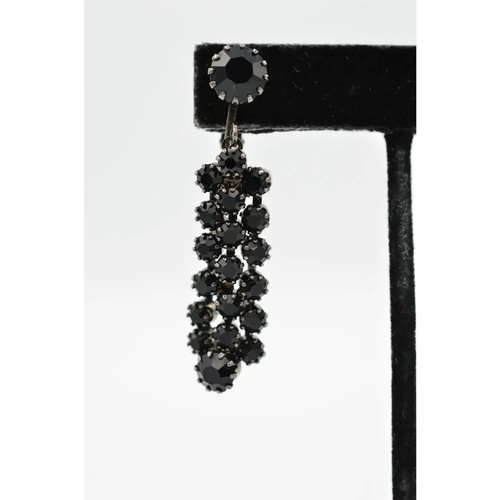 Vintage Statement Earrings Clip On Black Rhinestone Crystal Gunmetal Dangle 9H